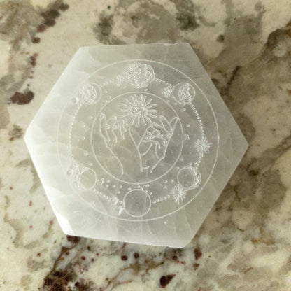 NEW Celestial Engraved Selenite Hexagon Plate