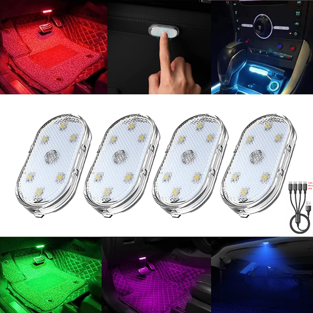 Wireless Interior Vehicle Lighting. Fun Battery Powered Car Lights - 4-Pack With Charger.